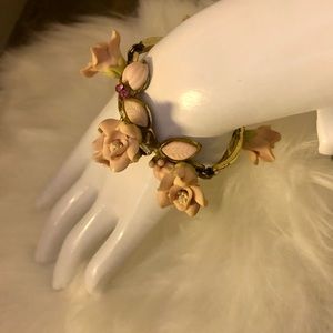 Gold tone vintage bracelet with porcelain pink roses and pink crystals